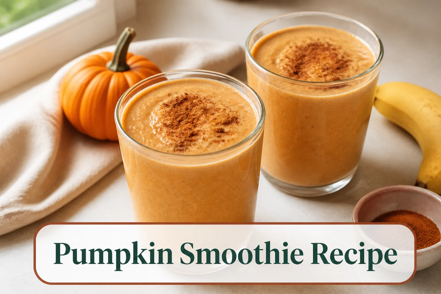 Creamy pumpkin smoothie in two clear glasses, muted orange color, cinnamon dust, small banana and pumpkin cues nearby, thick realistic blended texture under soft window light. The lower title bubble reads Pumpkin Smoothie Recipe.