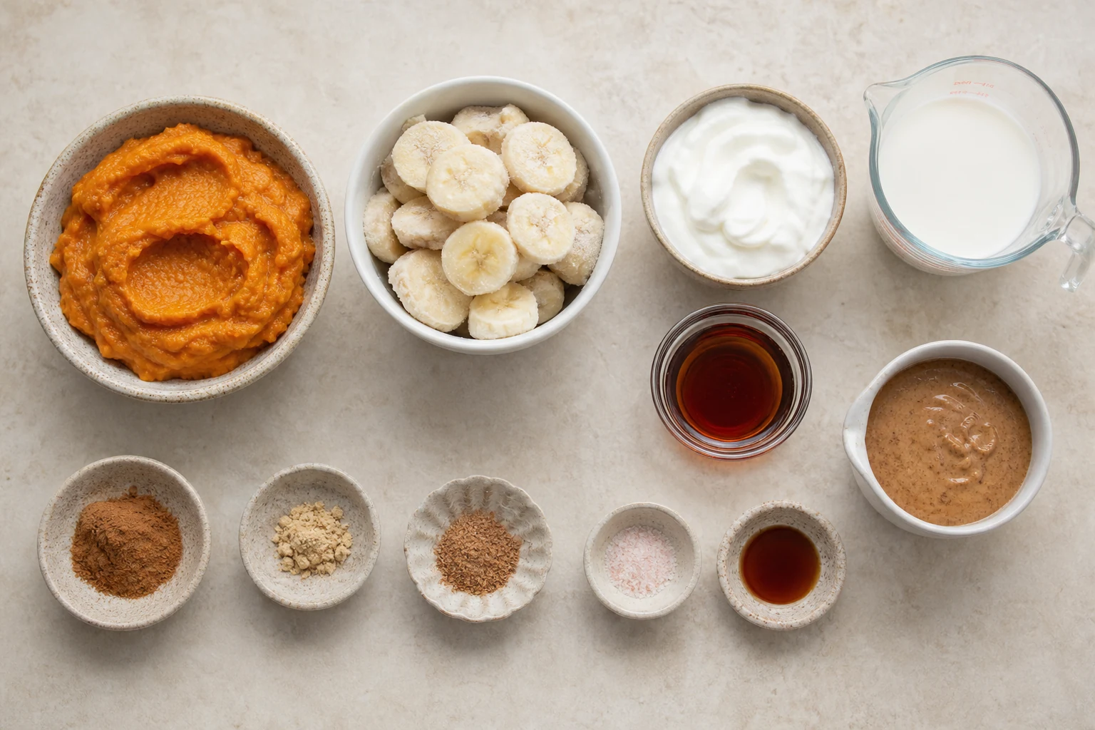 Pumpkin purée, frozen banana slices, Greek yogurt, milk, maple syrup, almond butter, cinnamon, ginger, nutmeg, salt and vanilla measured overhead.