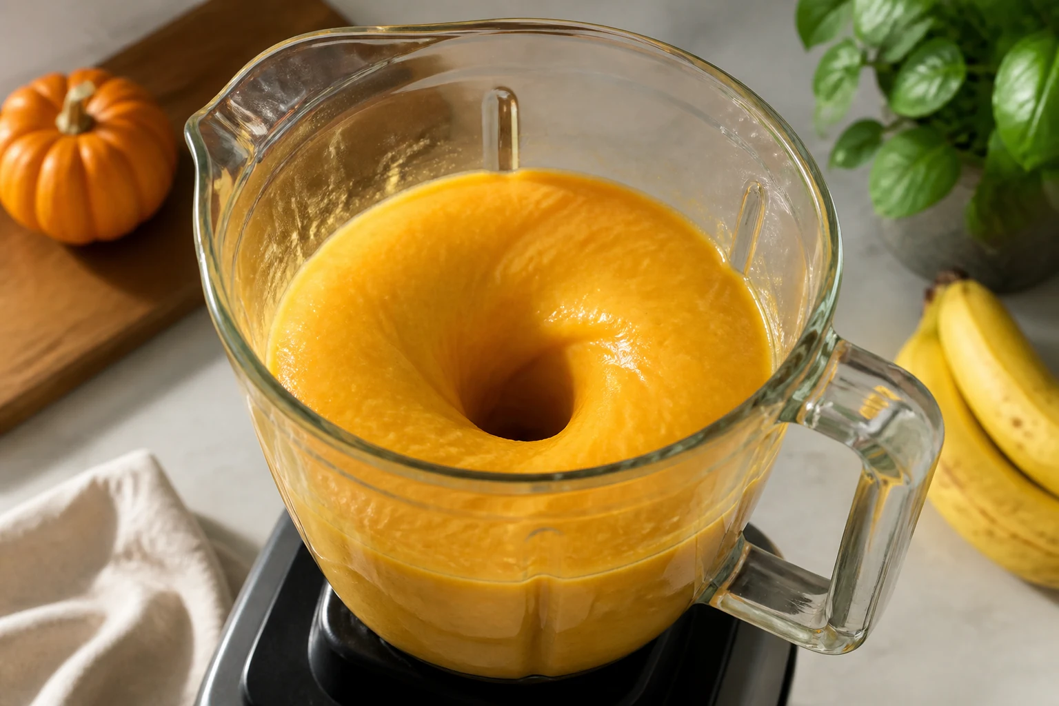 Orange pumpkin smoothie forming a smooth vortex in a countertop blender, liquid moving naturally with no splashes, frozen banana fully incorporated.