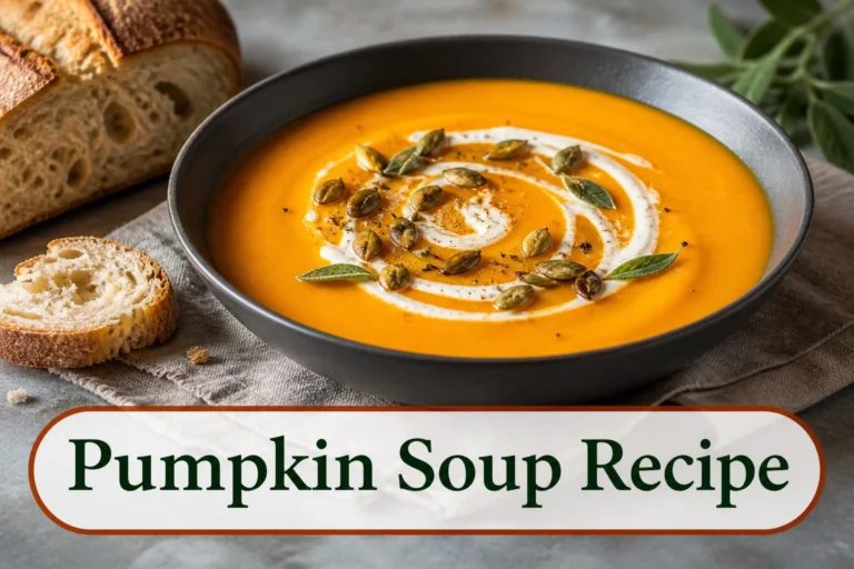 Silky deep-orange pumpkin soup in a charcoal bowl with coconut swirl, toasted pumpkin seeds and tiny sage leaves, spoonable realistic texture and crusty bread nearby. The lower title bubble reads Pumpkin Soup Recipe.