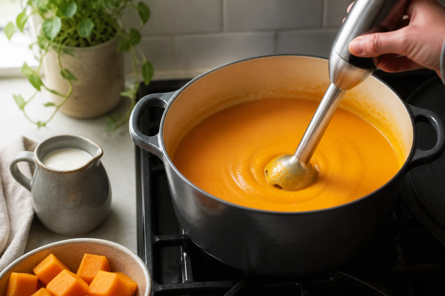 A heavy pot of smooth orange pumpkin soup being blended with an immersion blender, gentle steam and no splashing, coconut milk ready beside the pot.