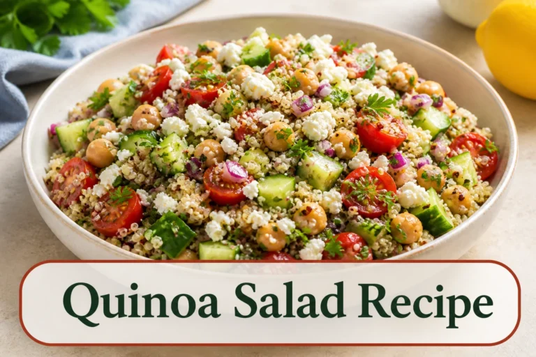 Colorful Mediterranean quinoa salad in a wide cream bowl, fluffy quinoa grains, cucumber, cherry tomatoes, chickpeas, parsley, red onion and feta with a light lemon sheen. The lower title bubble reads Quinoa Salad Recipe.
