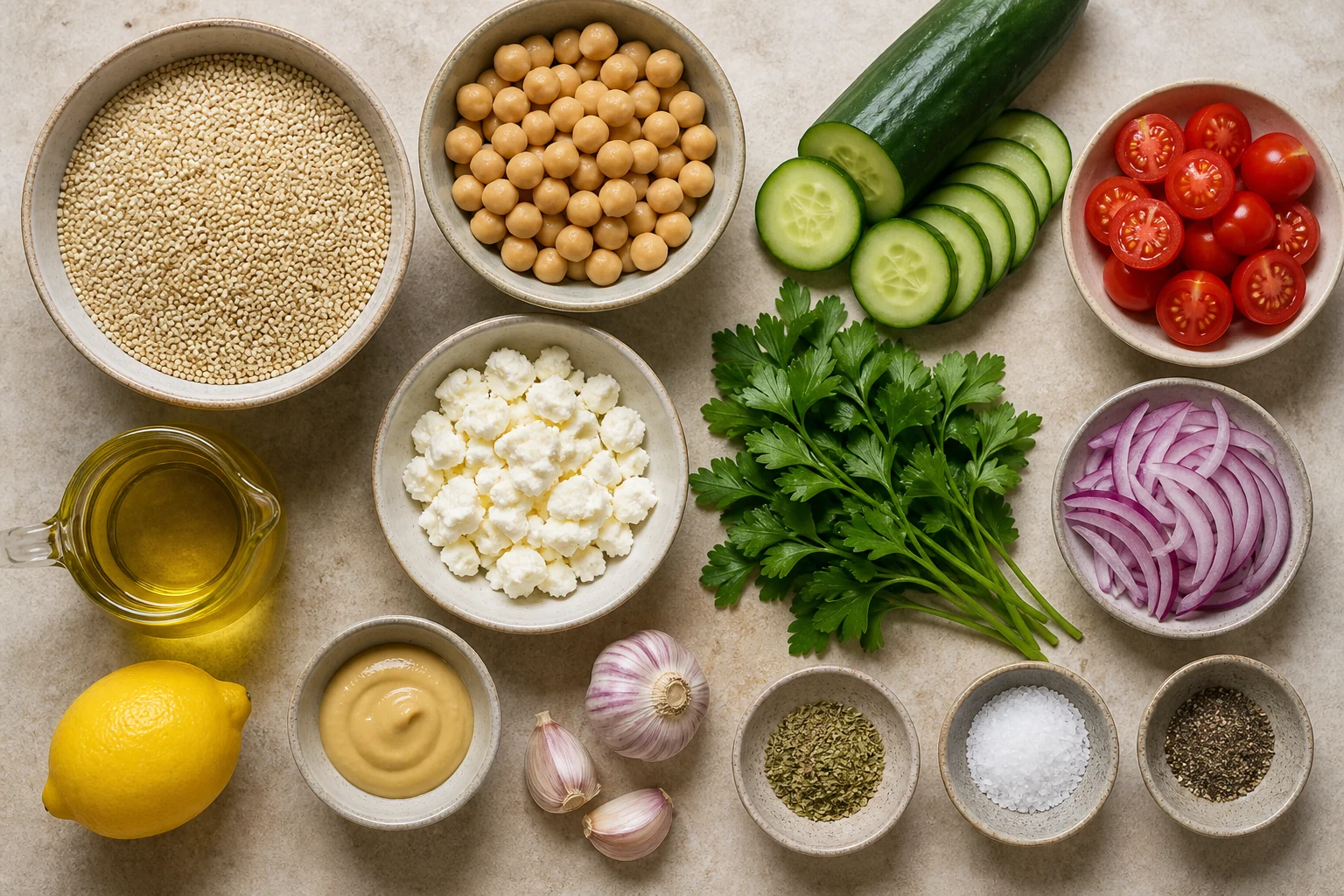 Dry quinoa, chickpeas, English cucumber, cherry tomatoes, parsley, red onion, feta, olive oil, lemon, Dijon, garlic, oregano, salt and pepper overhead.