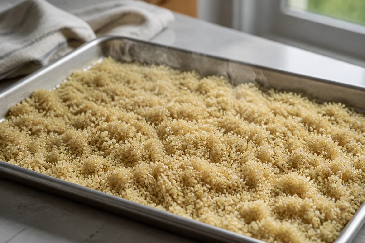 Cooked quinoa spread in a thin layer on a rimmed sheet pan to release steam, individual grains fluffy and separated before vegetables are added.