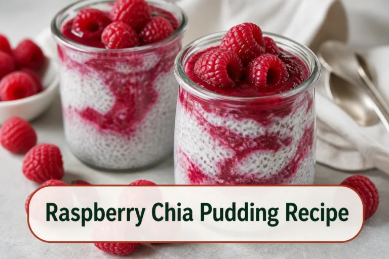 Raspberry chia pudding in glass jars with a ruby raspberry swirl, fresh berries and creamy evenly set chia base.; title text reads Raspberry Chia Pudding Recipe