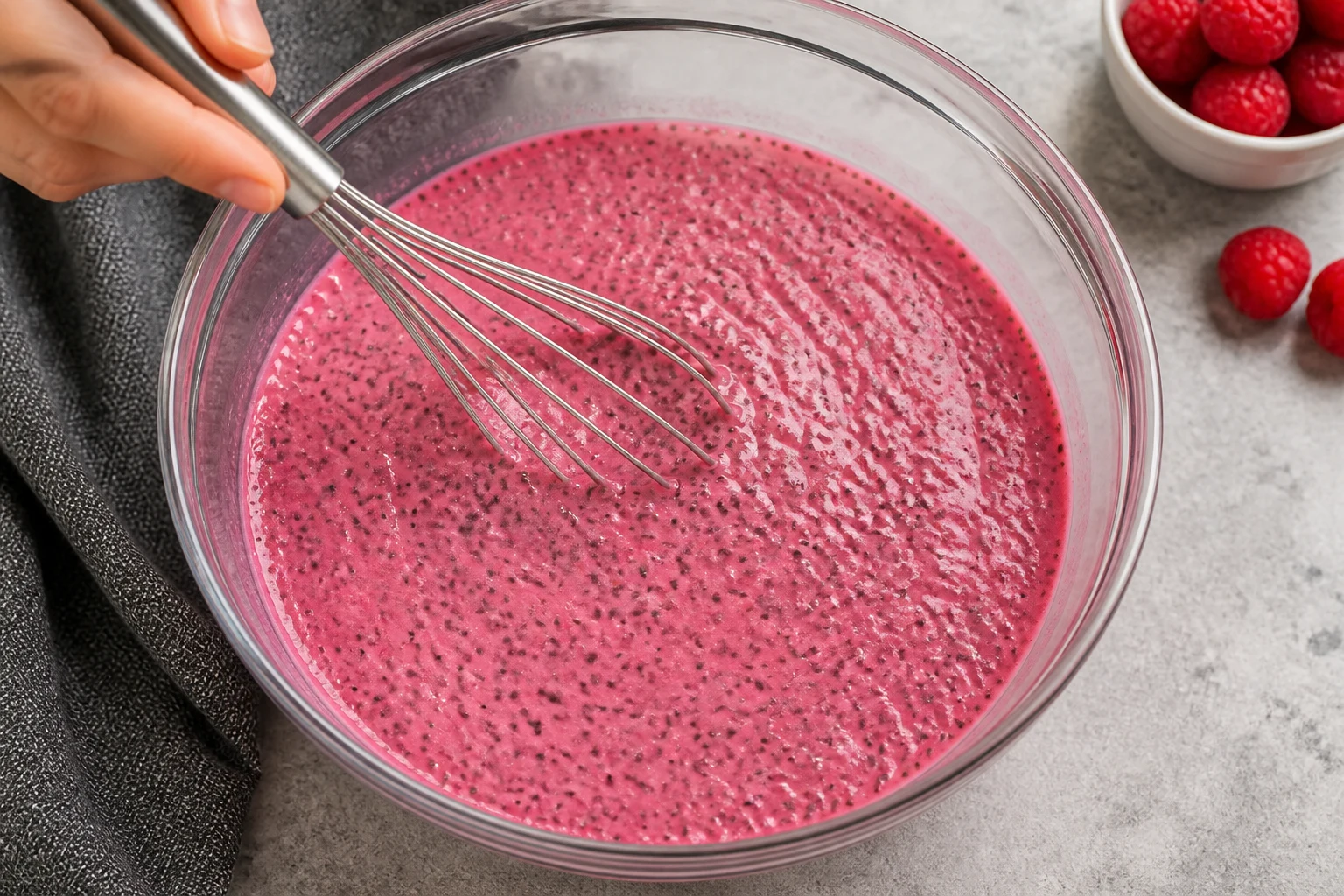 Hydrated raspberry chia pudding being whisked a second time, with evenly suspended seeds and no clumps.