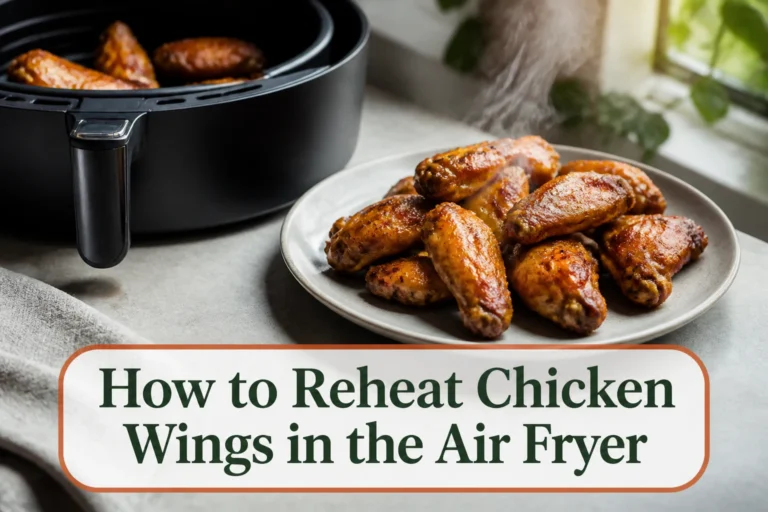 Reheated chicken wings on a matte plate beside an open air fryer, crisp restored skin, light sauce sheen and visible steam without burning or a heavy glaze. The lower title bubble reads How to Reheat Chicken Wings in the Air Fryer.
