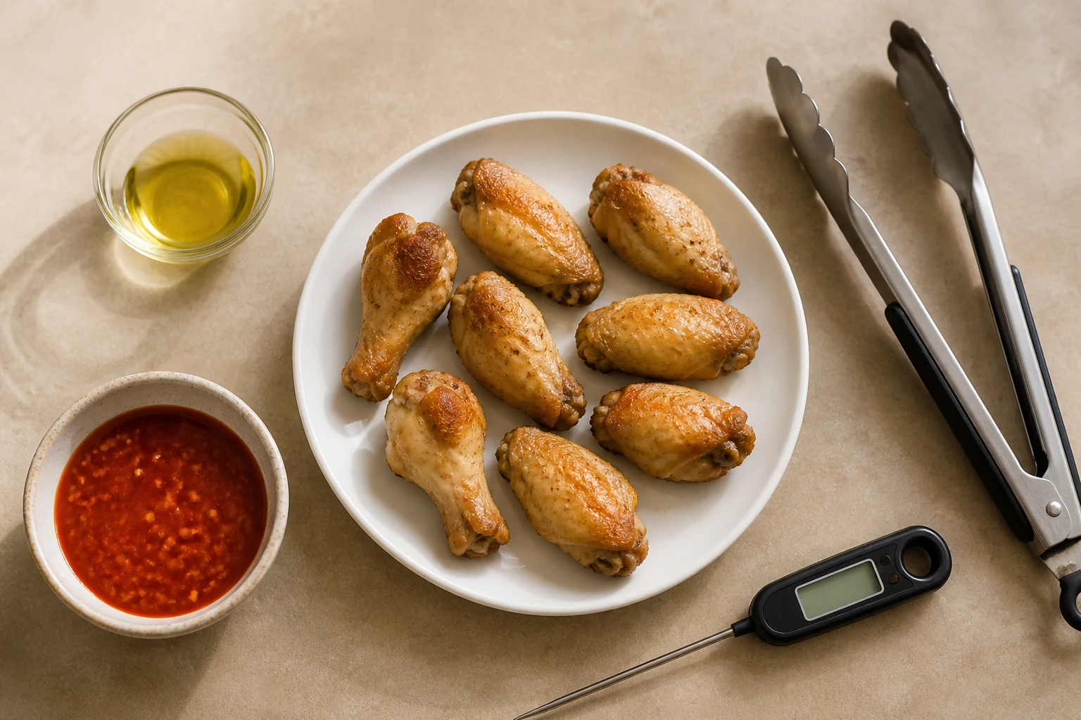 A small practical setup of eight cooked refrigerated chicken wings, optional neutral oil, fresh finishing sauce, tongs and an instant-read thermometer, no raw poultry.