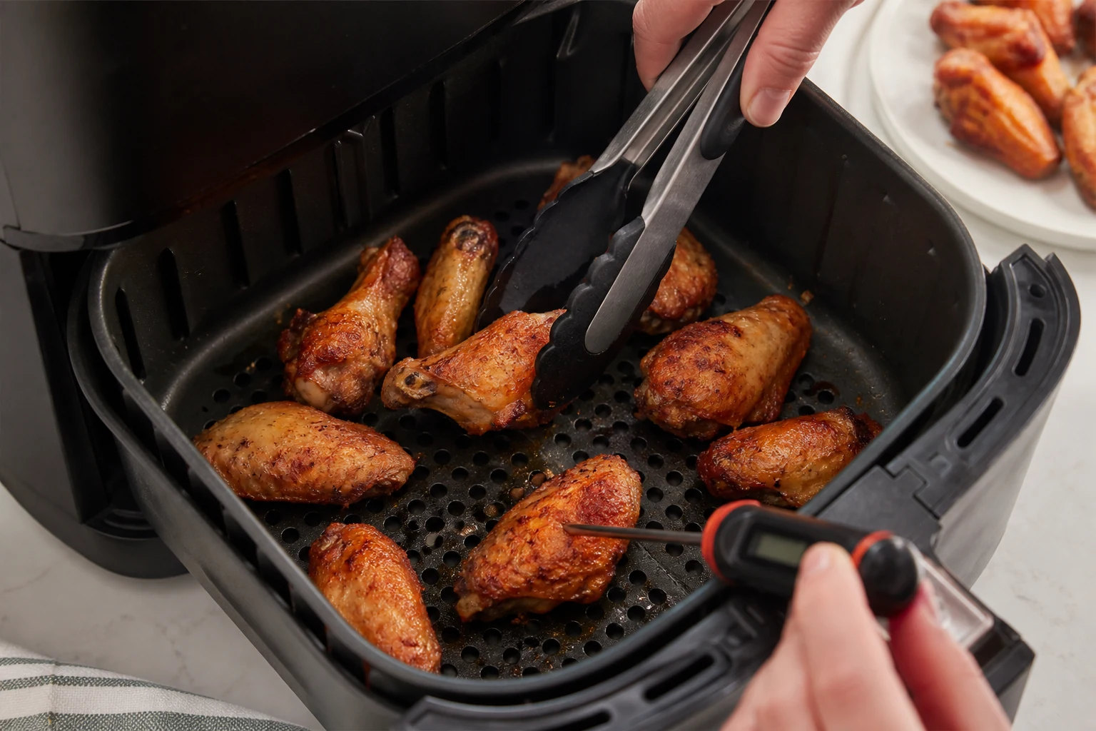 Cooked leftover wings spaced in one layer in an air-fryer basket as tongs turn them halfway, thermometer ready for a thick-piece check.