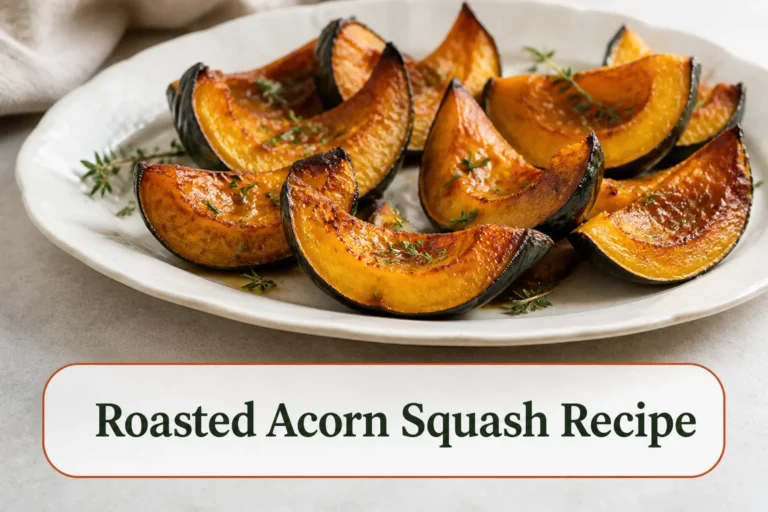 Caramelized roasted acorn squash wedges on a cream platter, deep golden cut sides, green-edged edible skin, thyme leaves and a restrained maple sheen. The lower title bubble reads Roasted Acorn Squash Recipe.