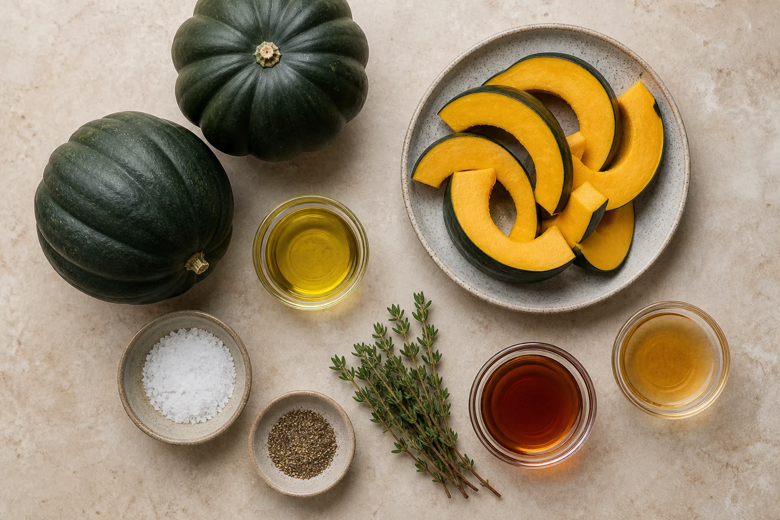 Two whole acorn squash with cut wedges, olive oil, kosher salt, black pepper, fresh thyme, maple syrup and apple cider vinegar in measured quantities.