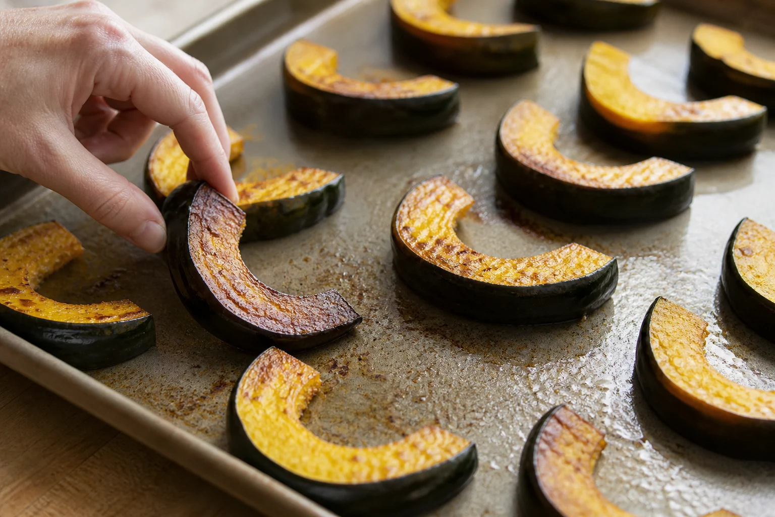 One-inch acorn squash wedges spaced on a hot rimmed sheet pan as a hand turns them to reveal deeply browned first cut sides.