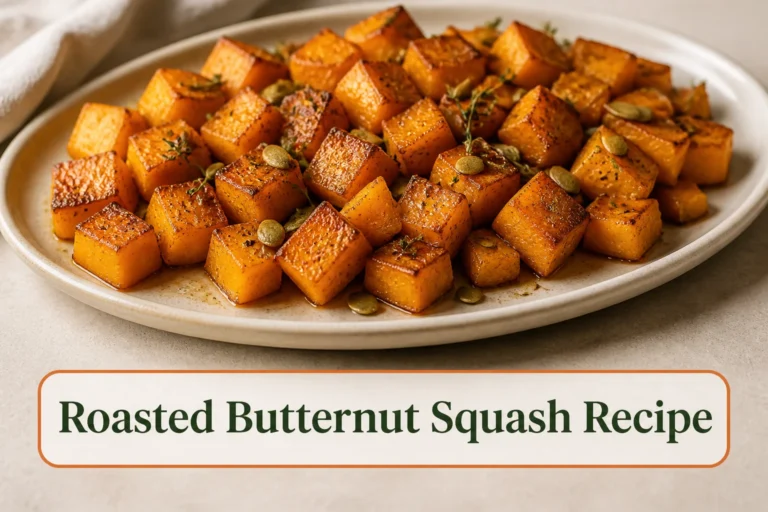 Caramelized roasted butternut squash cubes on a cream platter with browned flat sides, tender orange centers, fresh thyme and a few toasted pepitas. The lower title bubble reads Roasted Butternut Squash Recipe.