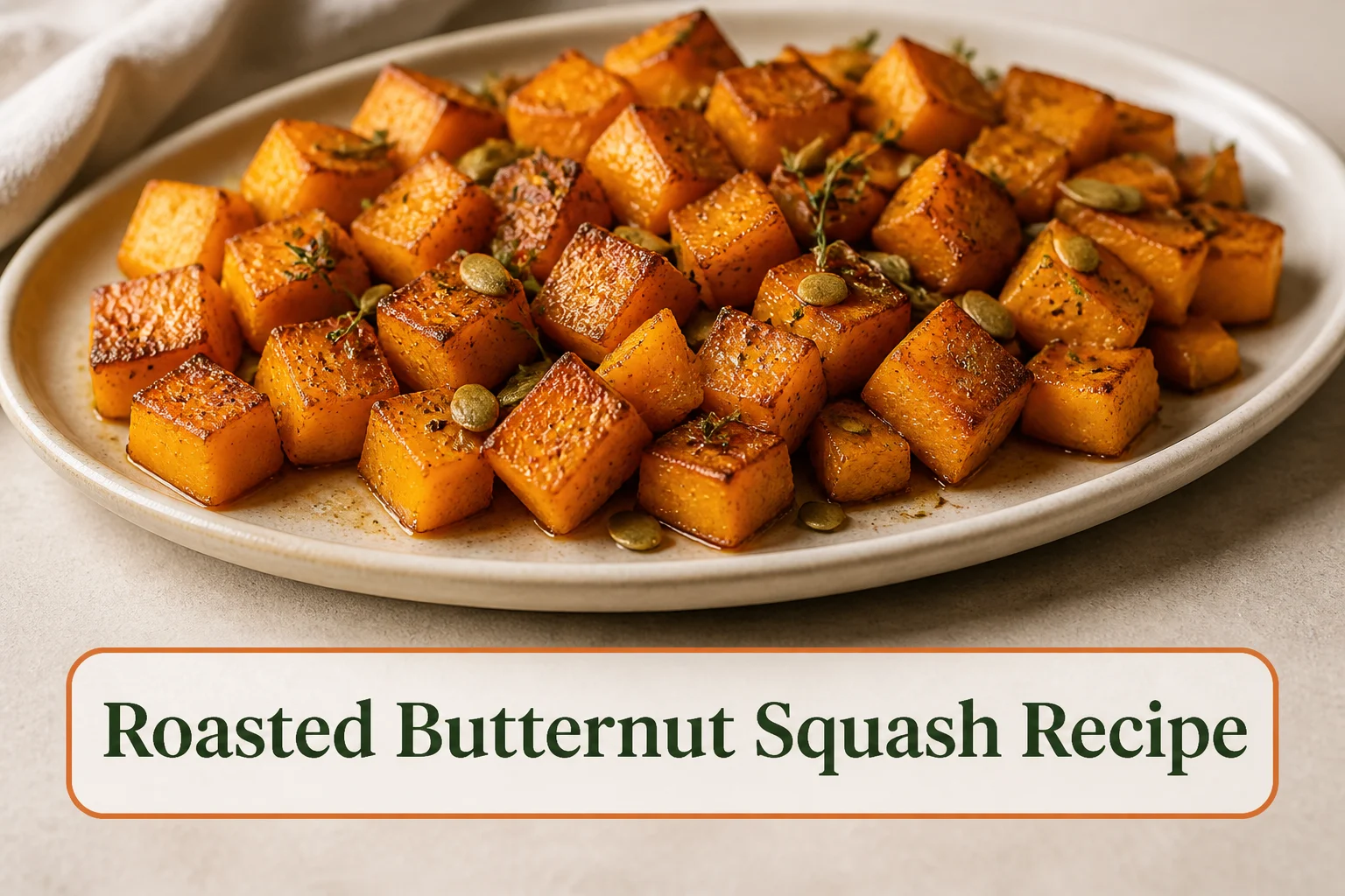 Caramelized roasted butternut squash cubes on a cream platter with browned flat sides, tender orange centers, fresh thyme and a few toasted pepitas. The lower title bubble reads Roasted Butternut Squash Recipe.