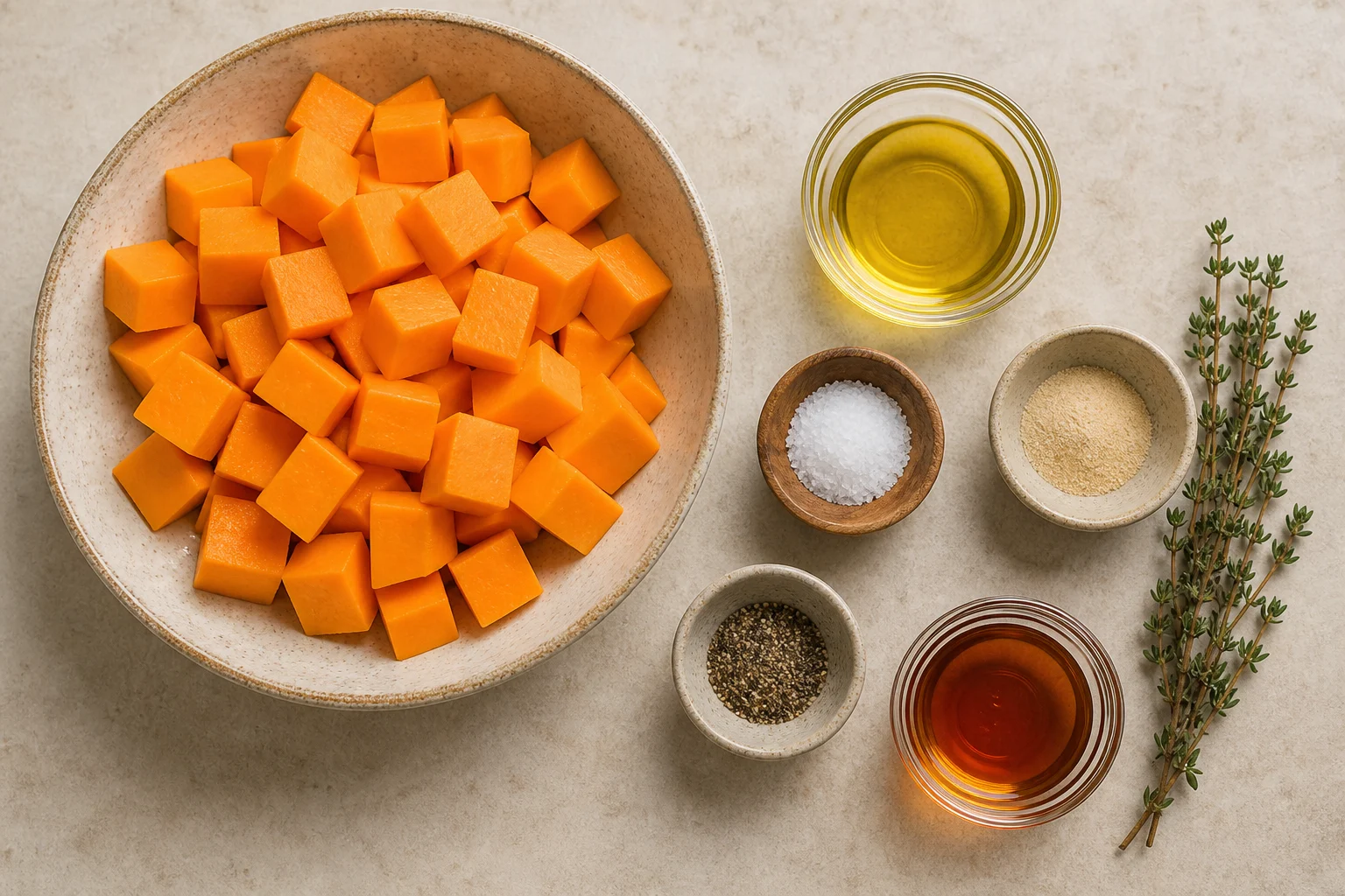 Peeled butternut squash cubes, olive oil, kosher salt, garlic powder, black pepper, fresh thyme and maple syrup in realistic measured quantities.
