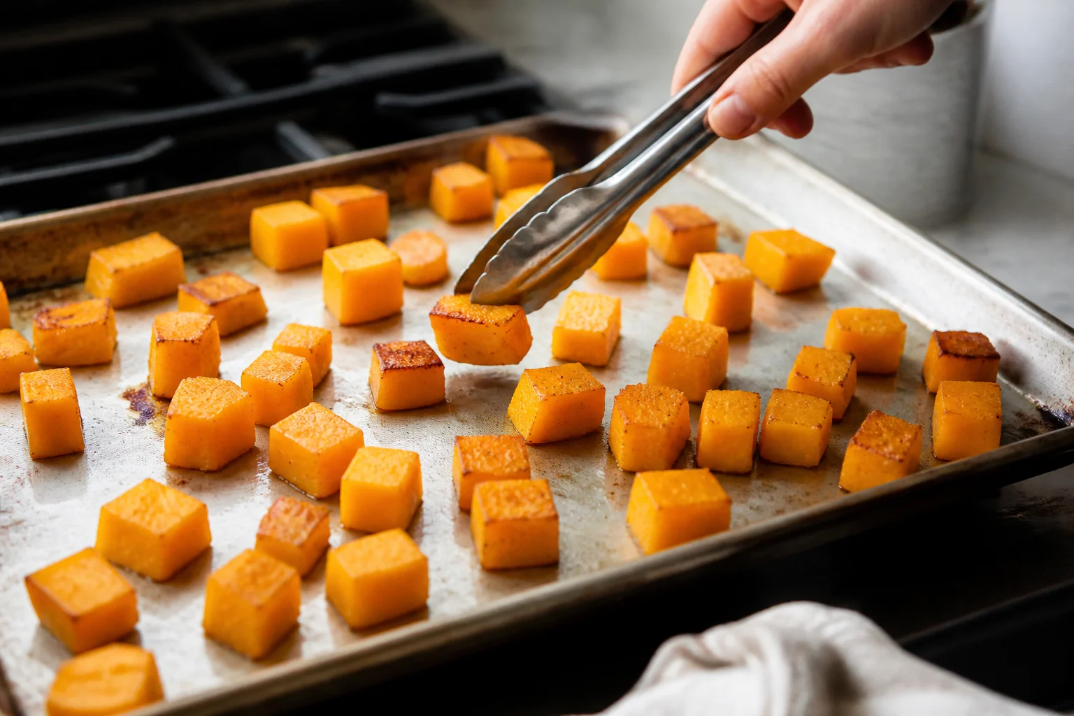 Evenly cut butternut squash cubes spread with visible space on a hot rimmed sheet pan, several pieces showing caramelized undersides as they are turned.