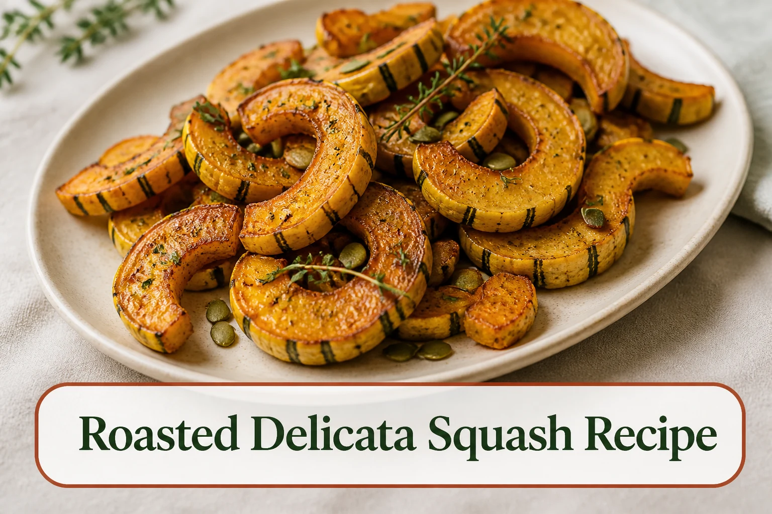 Caramelized roasted delicata squash half-moons on a cream platter, striped edible skin, deep golden cut sides, pepitas, thyme and restrained maple-Dijon sheen. The lower title bubble reads Roasted Delicata Squash Recipe.