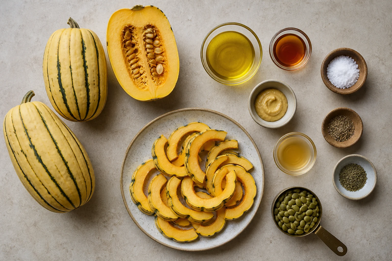 Whole and sliced delicata squash, olive oil, maple syrup, Dijon mustard, kosher salt, black pepper, dried thyme, cider vinegar and pepitas measured overhead.