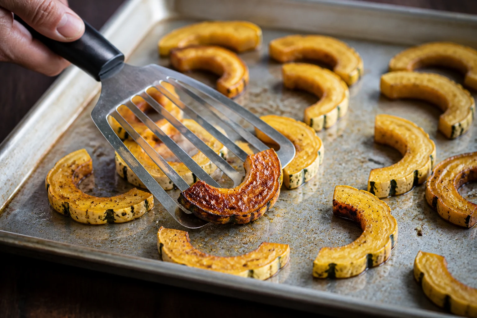 Half-inch delicata squash half-moons spaced on a hot metal sheet pan, a spatula turning one piece to reveal a deeply caramelized first side.