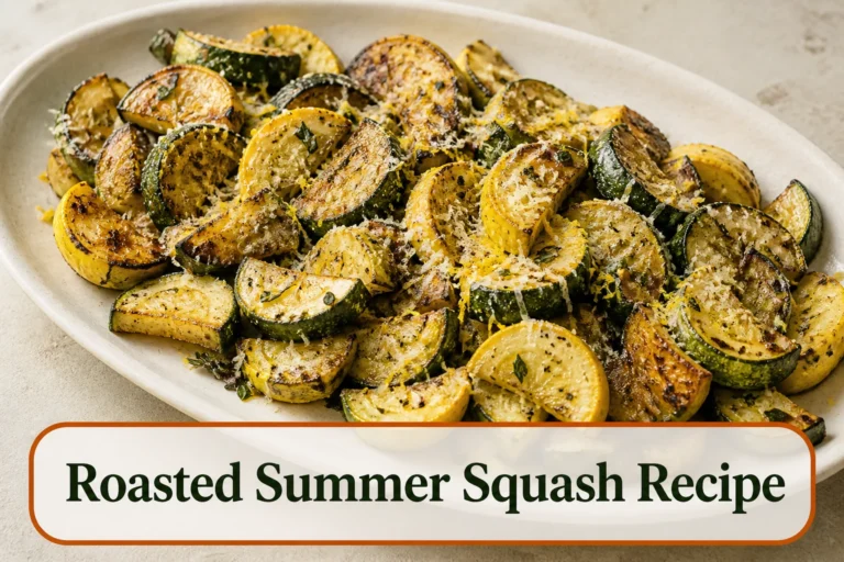 Roasted zucchini and yellow summer squash half-moons on a cream platter, browned edges, toasted fine Parmesan, lemon zest and herbs, no watery pool. The lower title bubble reads Roasted Summer Squash Recipe.