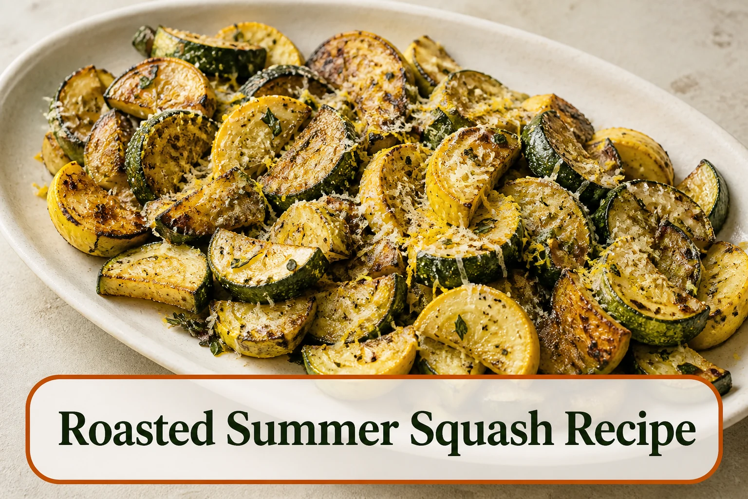 Roasted zucchini and yellow summer squash half-moons on a cream platter, browned edges, toasted fine Parmesan, lemon zest and herbs, no watery pool. The lower title bubble reads Roasted Summer Squash Recipe.