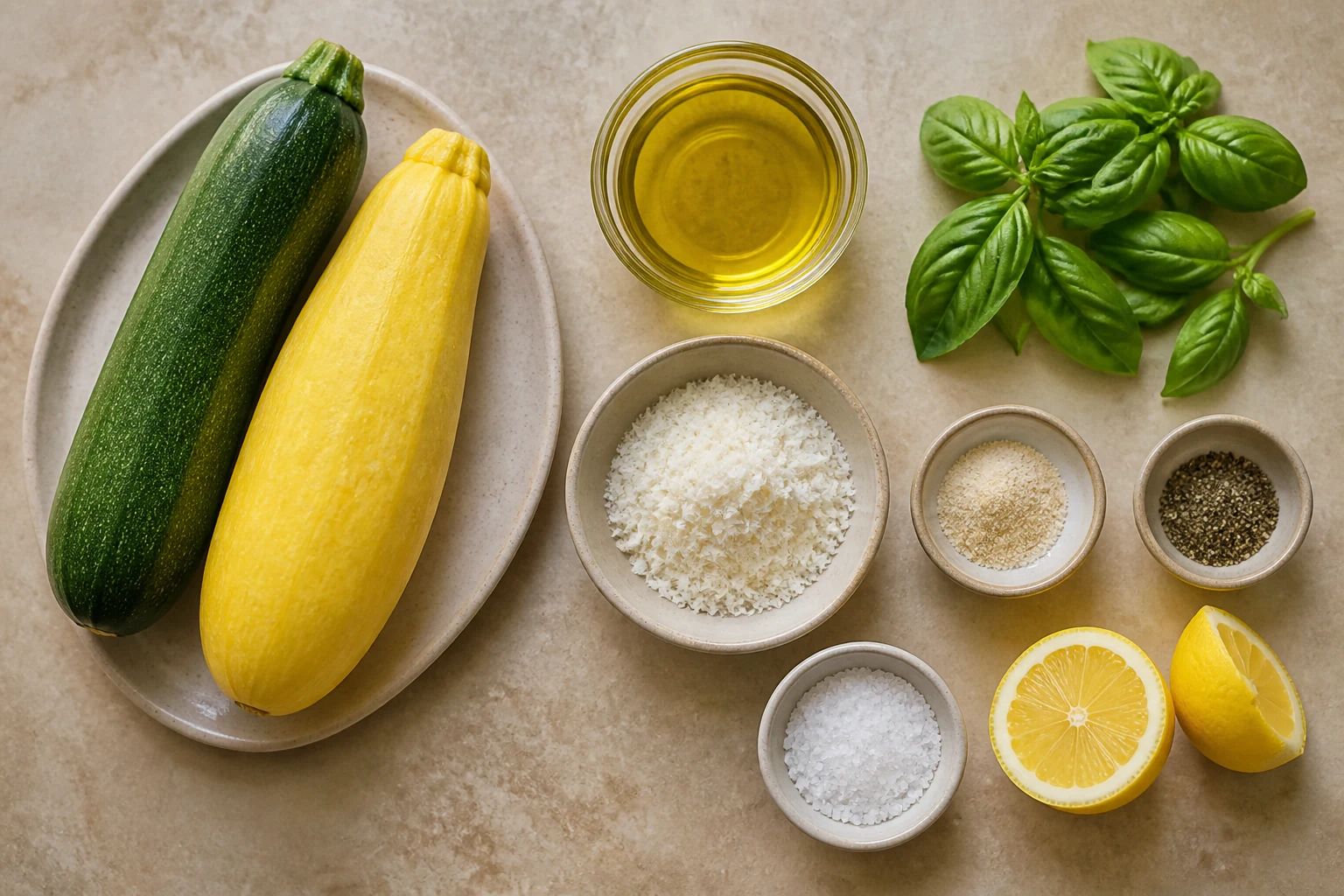 Zucchini, yellow squash, olive oil, kosher salt, garlic powder, black pepper, finely grated Parmesan, lemon and fresh basil measured overhead.