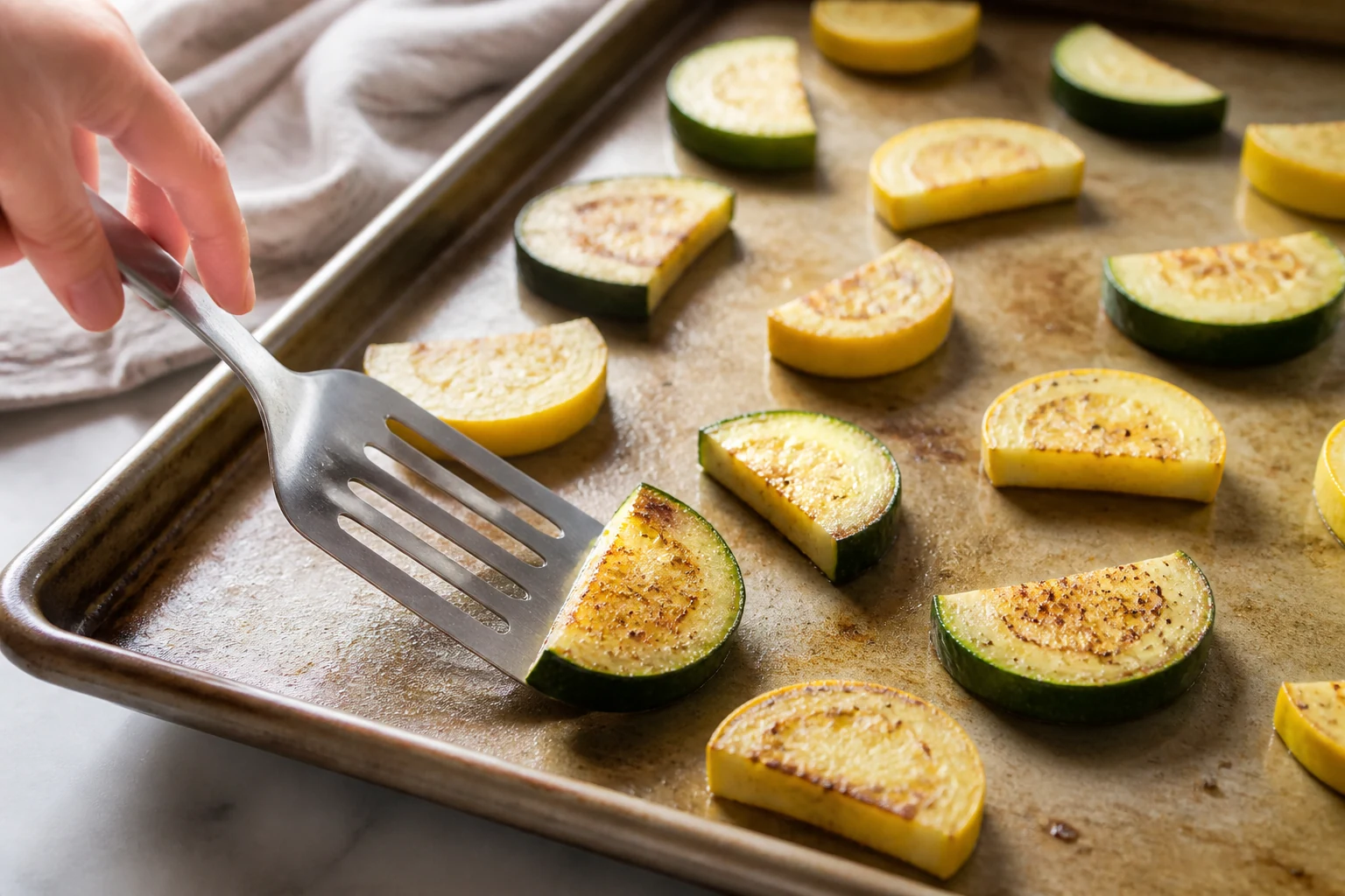 Thick zucchini and yellow-squash half-moons spaced on a hot bare sheet pan as a spatula flips one browned first side before Parmesan is added.