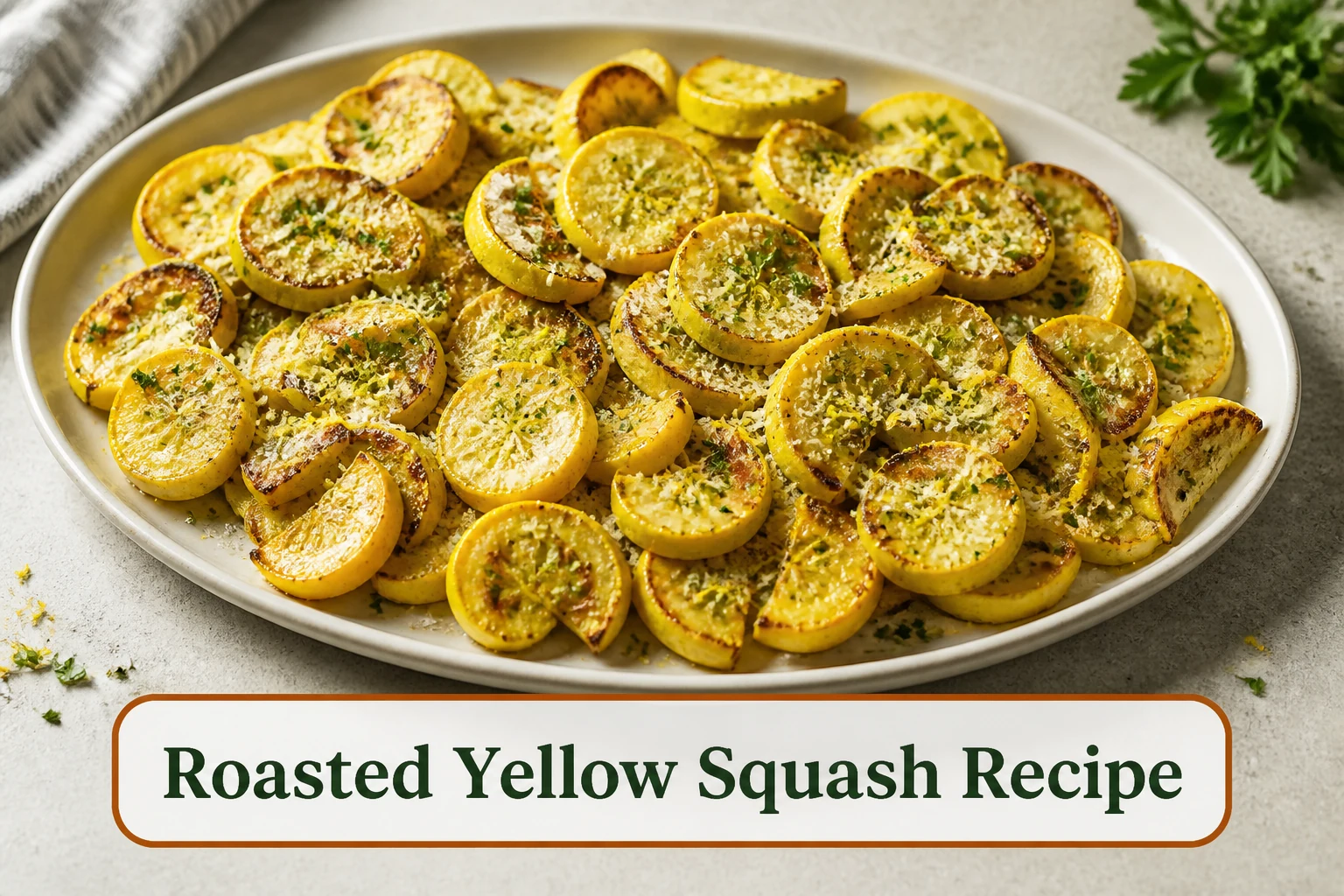 Roasted yellow summer squash rounds and half-moons on a cream platter, browned edges, toasted fine Parmesan, lemon zest and parsley, no watery pool. The lower title bubble reads Roasted Yellow Squash Recipe.