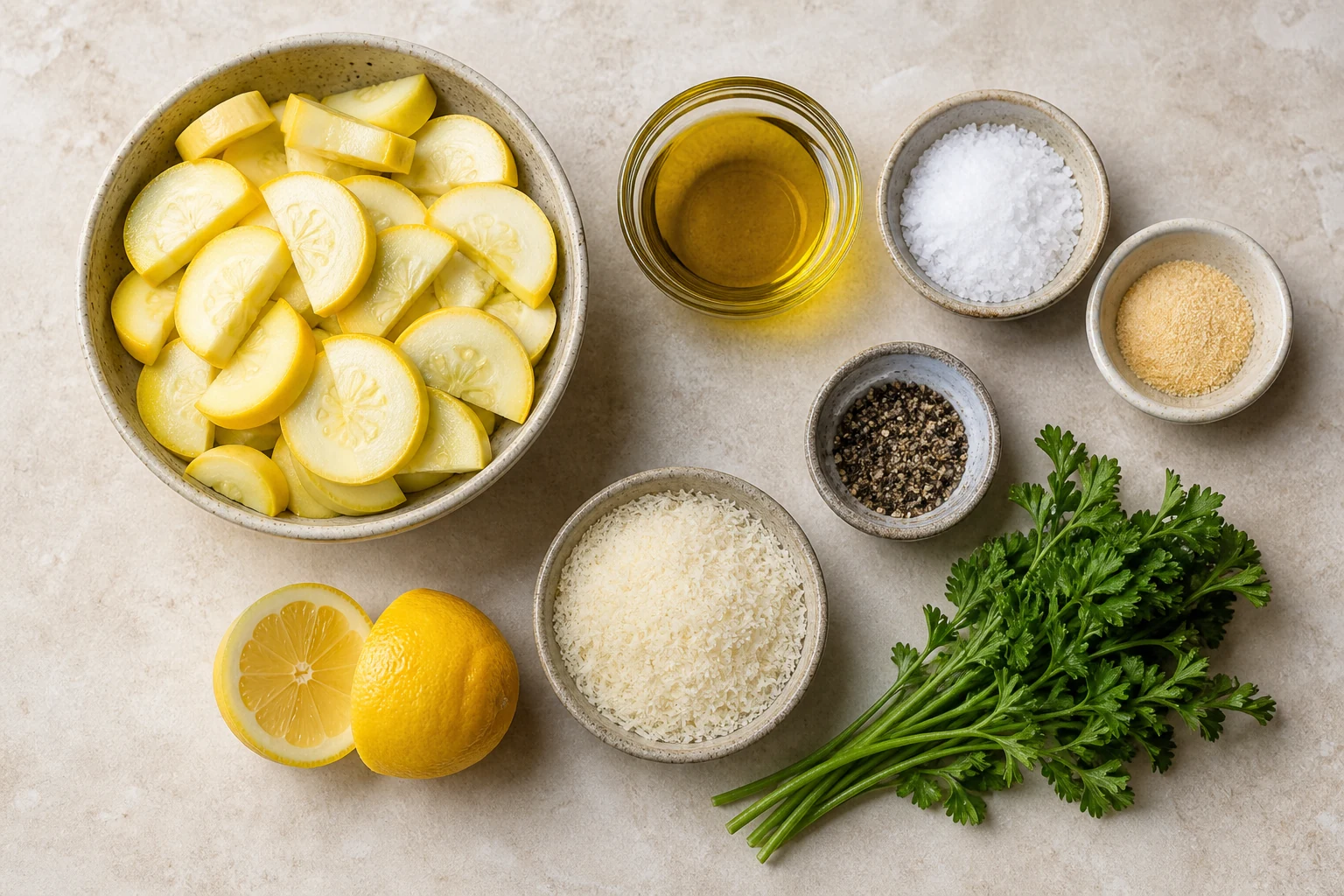 Yellow summer squash, olive oil, kosher salt, garlic powder, black pepper, finely grated Parmesan, lemon and parsley measured overhead.