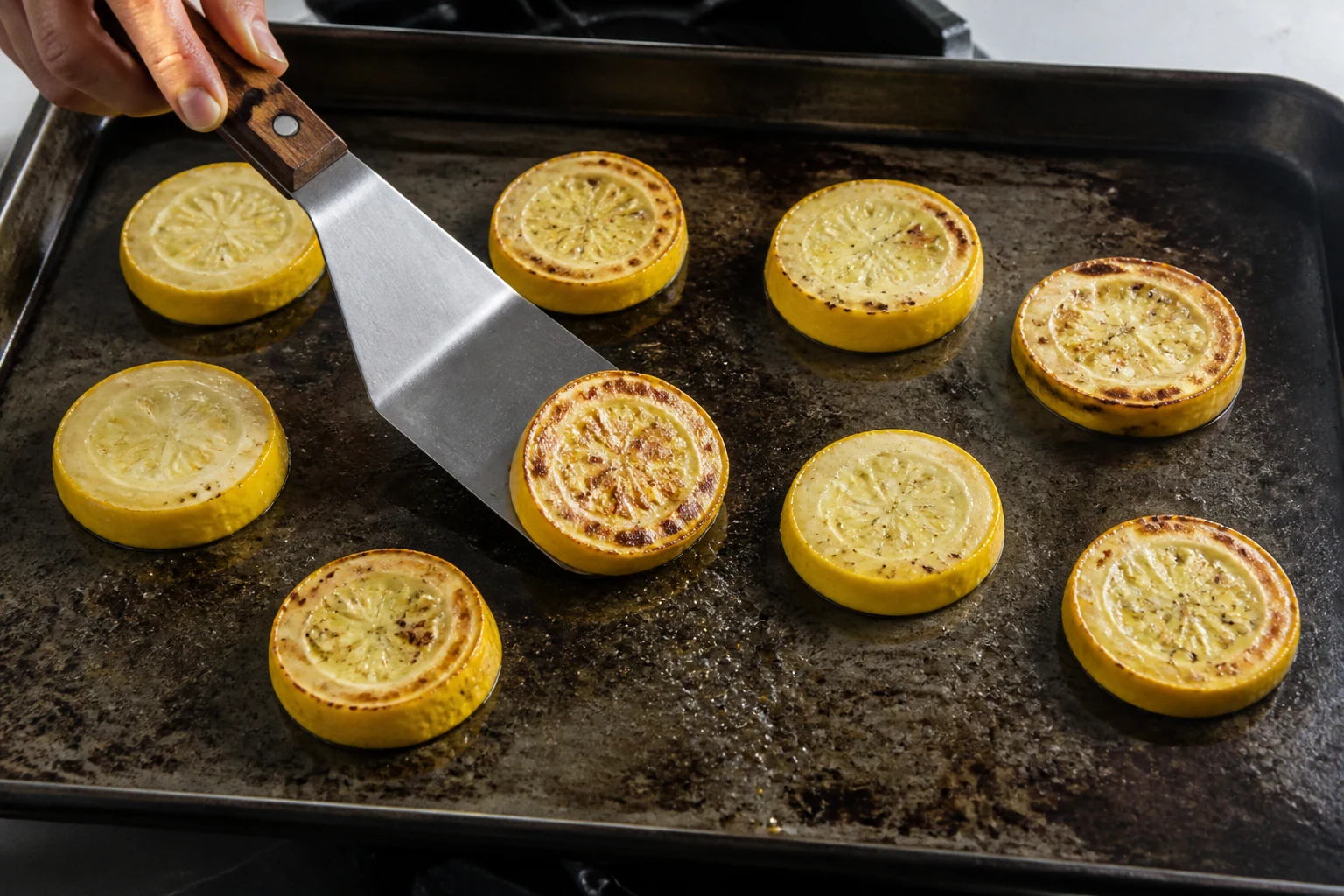Thick yellow squash pieces spaced on a hot bare sheet pan as a spatula turns one deeply browned first side before Parmesan is added.
