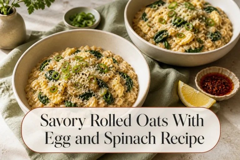 Savory oatmeal with spinach and egg ribbons with title reading Savory Rolled Oats With Egg and Spinach Recipe