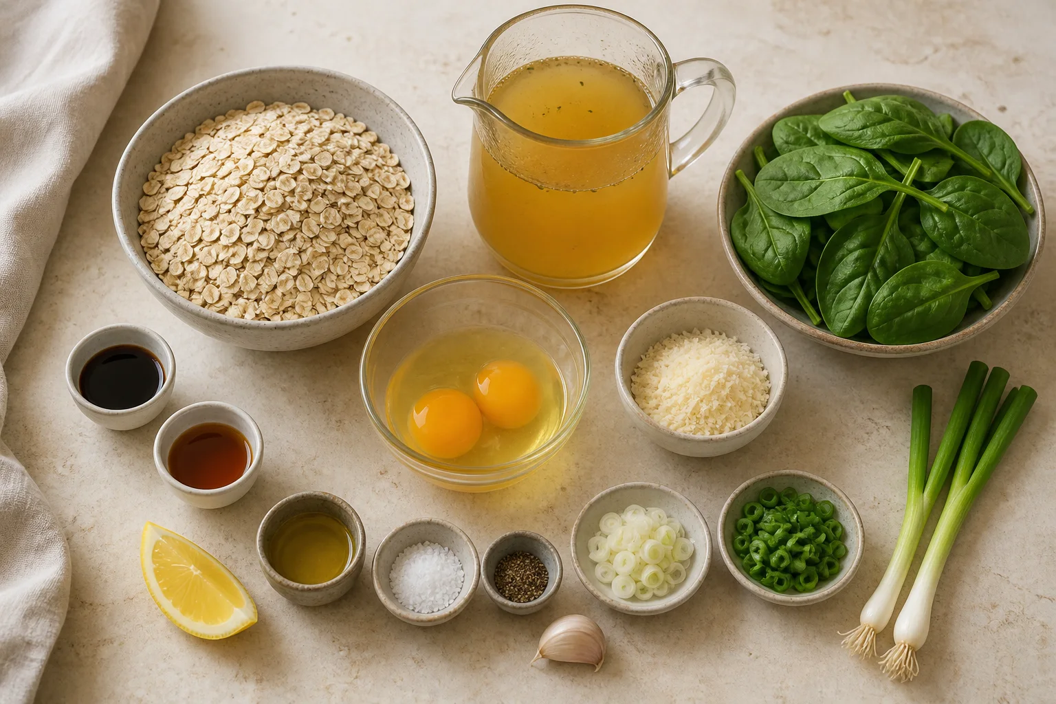 Rolled oats, broth, eggs, spinach, Parmesan, scallions, garlic, olive oil, salt, pepper, soy sauce and lemon