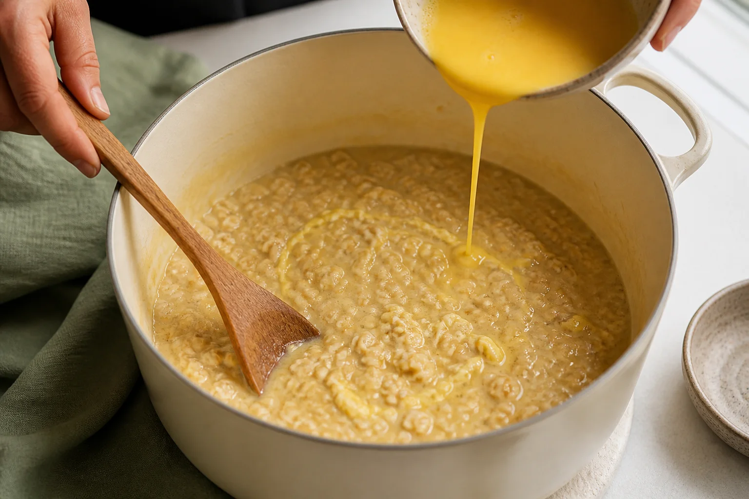 Beaten egg poured in a thin stream into gently simmering rolled oats while a spoon stirs