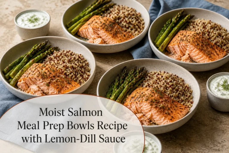 Salmon meal prep bowls with title reading Moist Salmon Meal Prep Bowls Recipe with Lemon-Dill Sauce