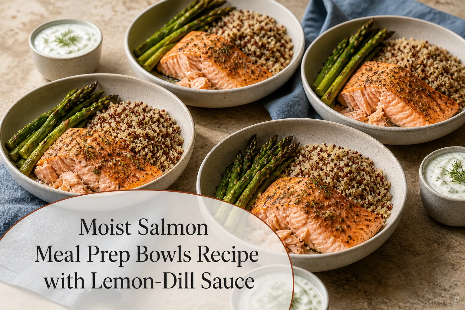 Salmon meal prep bowls with title reading Moist Salmon Meal Prep Bowls Recipe with Lemon-Dill Sauce