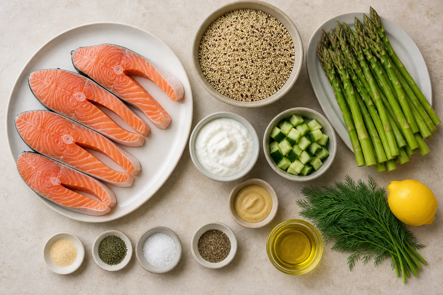 Salmon fillets, quinoa, asparagus, Greek yogurt, cucumber, lemon, dill, Dijon, olive oil and seasonings