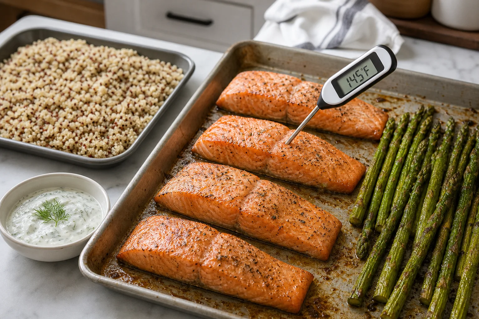 Roasted salmon portion being checked in the thickest center with a digital food thermometer beside asparagus