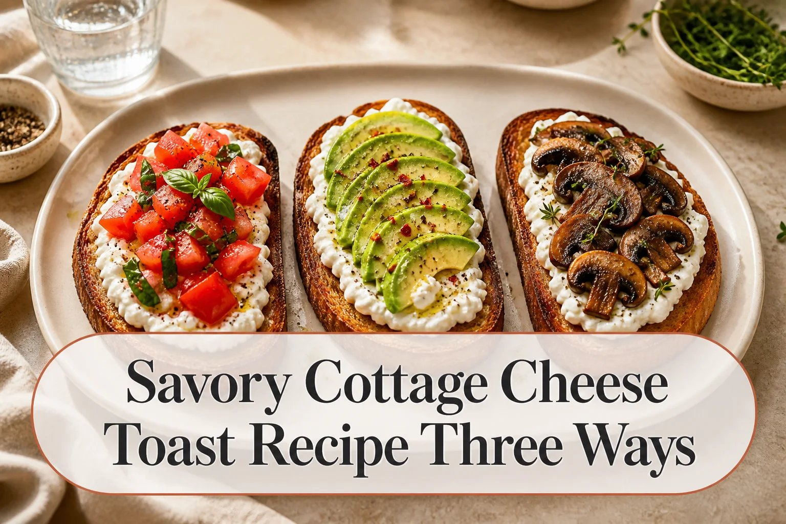Three styles of cottage cheese toast with title reading Savory Cottage Cheese Toast Recipe Three Ways