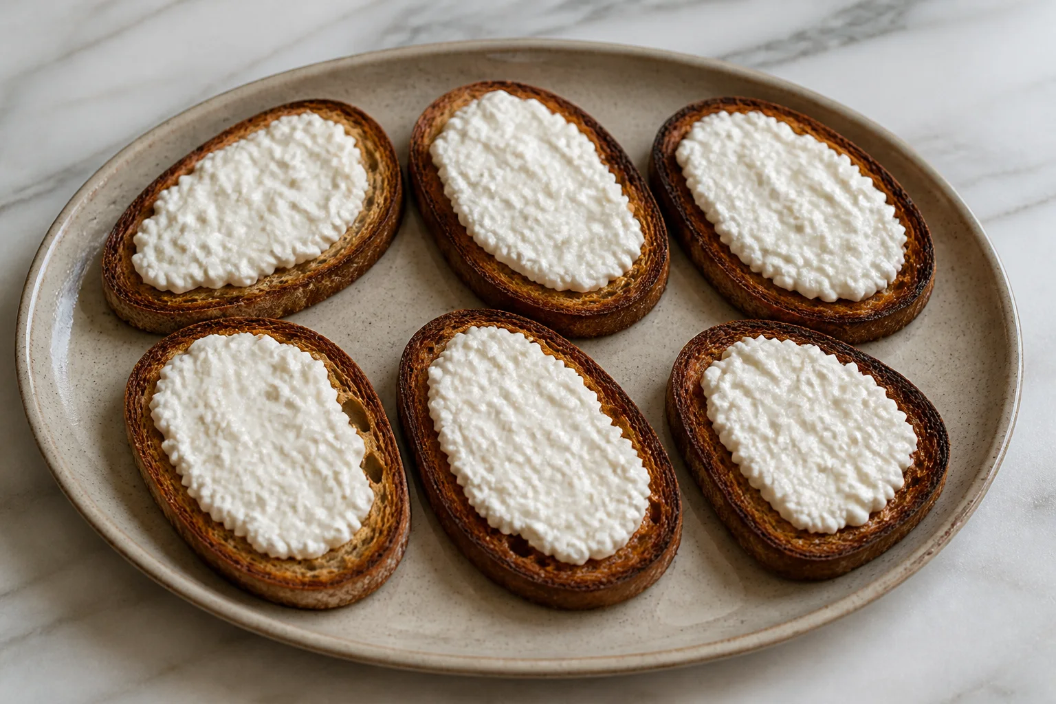 Six deeply toasted sourdough slices spread evenly with cottage cheese before toppings are added