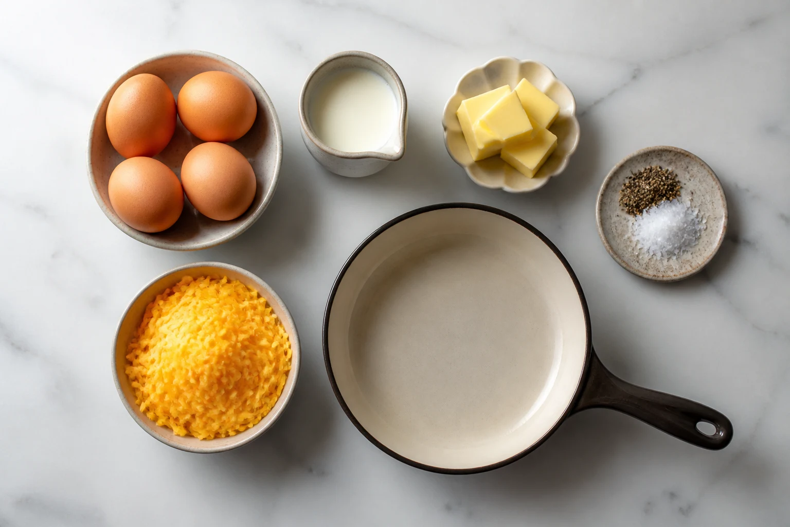 Four eggs, milk, butter, salt, pepper, cheddar and a small round heat-safe pan arranged neatly.