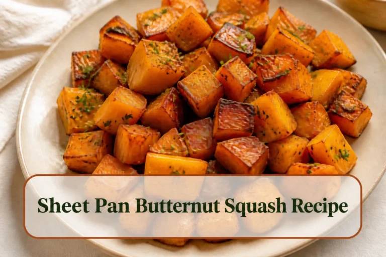 Caramelized sheet pan butternut squash cubes on a warm cream platter, browned corners, parsley and a subtle maple-vinegar sheen. The lower title bubble reads Sheet Pan Butternut Squash Recipe.