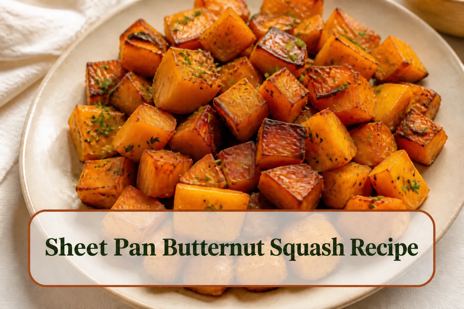 Caramelized sheet pan butternut squash cubes on a warm cream platter, browned corners, parsley and a subtle maple-vinegar sheen. The lower title bubble reads Sheet Pan Butternut Squash Recipe.