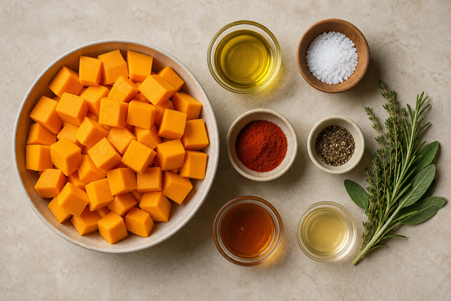 Peeled butternut squash cubes, olive oil, kosher salt, smoked paprika, black pepper, maple syrup, cider vinegar and fresh herbs overhead.