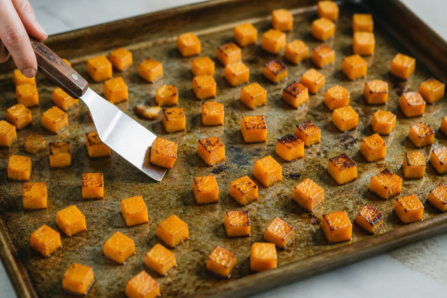 Even 3/4-inch butternut squash cubes spaced across a hot bare sheet pan, half turned to reveal browned undersides.