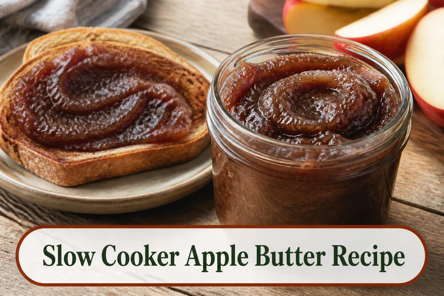 Thick mahogany-brown slow cooker apple butter in a small glass jar with a broad spoon swirl, toast and sliced apples nearby, realistic concentrated fruit texture. The lower title bubble reads Slow Cooker Apple Butter Recipe.