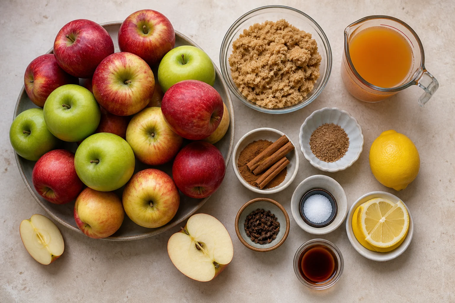 A large realistic quantity of mixed apples with brown sugar, apple cider, lemon, cinnamon, nutmeg, cloves, salt and vanilla in measured containers.