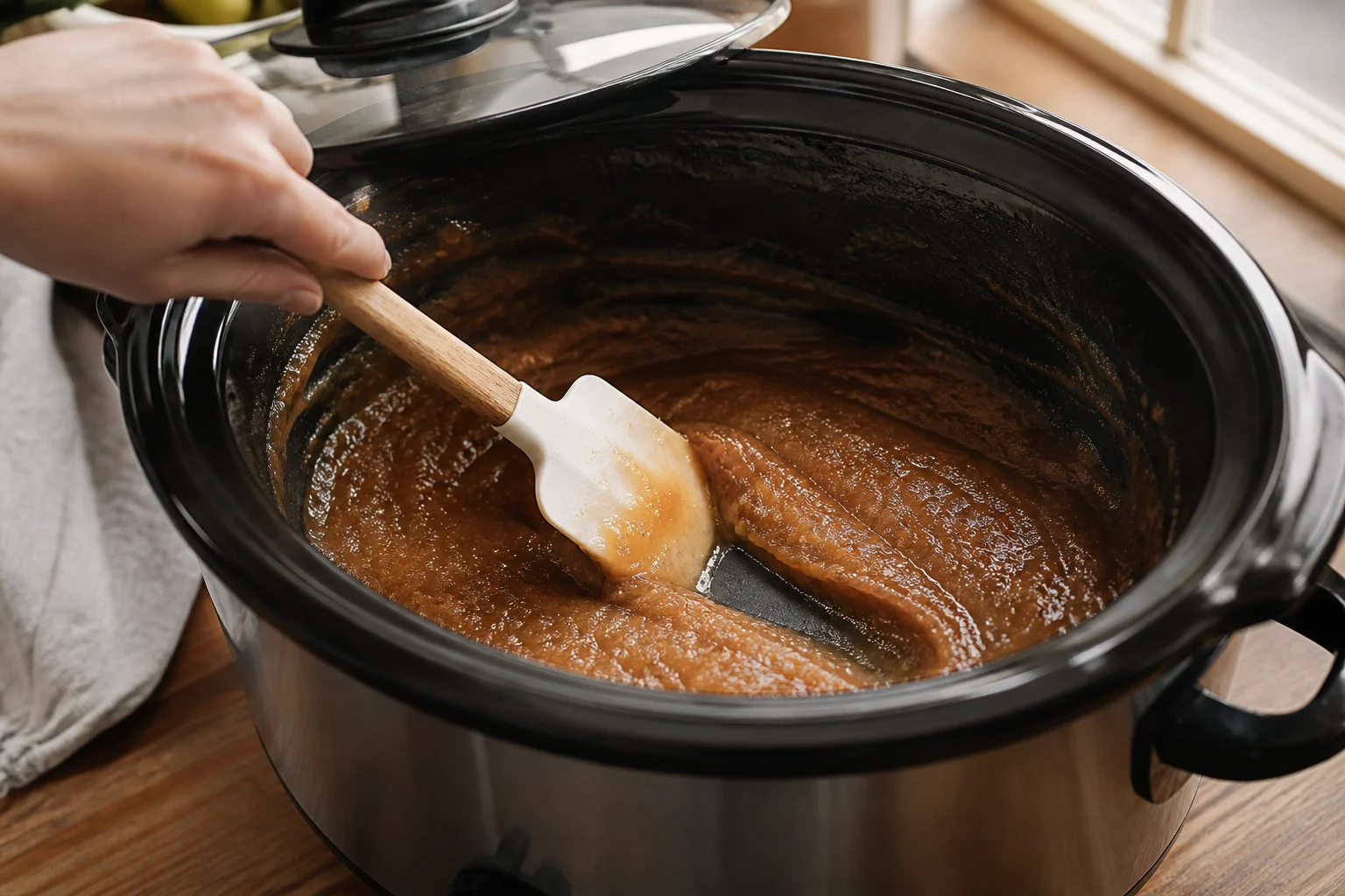 Smooth dark apple puree reducing in a realistic 6-quart slow cooker with the lid offset, a heatproof spatula leaving a brief clean trail through the thick spread.