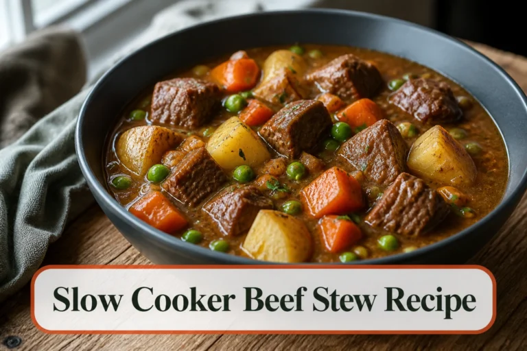 Rich slow cooker beef stew in a deep charcoal bowl, tender browned beef chunks, Yukon Gold potatoes, carrots, peas and glossy thick gravy under soft window light. The lower title bubble reads Slow Cooker Beef Stew Recipe.