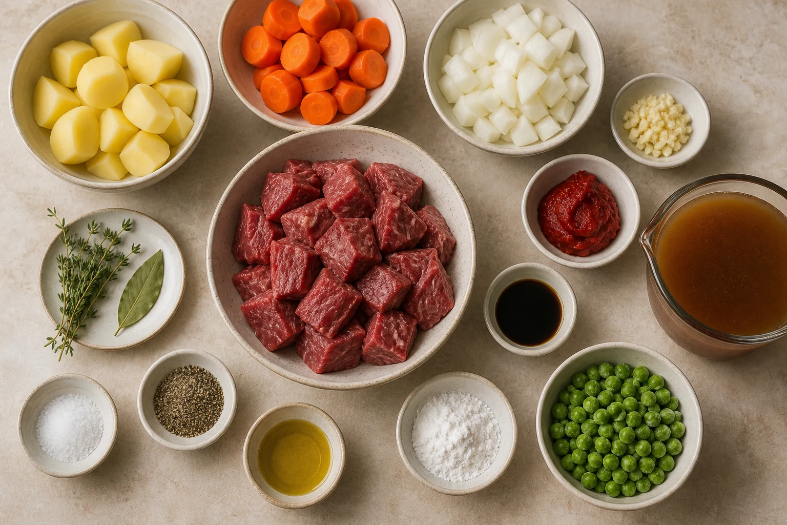 Beef chuck cubes, potatoes, carrots, onion, garlic, tomato paste, beef broth, Worcestershire, thyme, bay leaf, cornstarch, peas, oil, salt and pepper overhead.