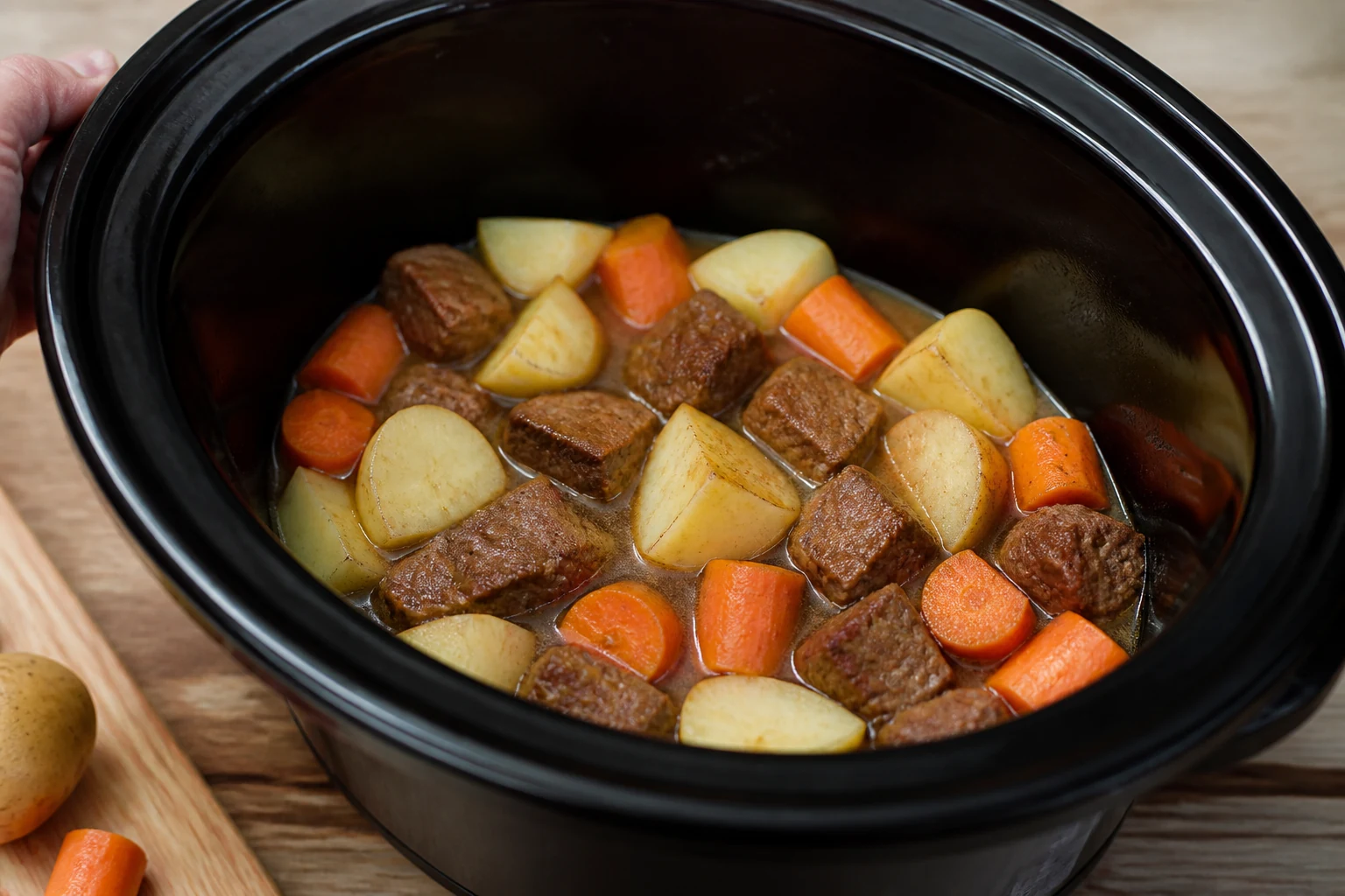 Browned beef, large potato and carrot pieces in a slow-cooker crock with restrained broth below the ingredients before the long cook.